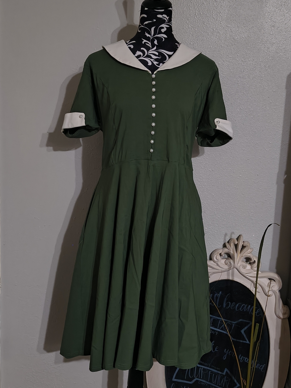 Classic Green Fit-and-Flare Dress with White Trim
